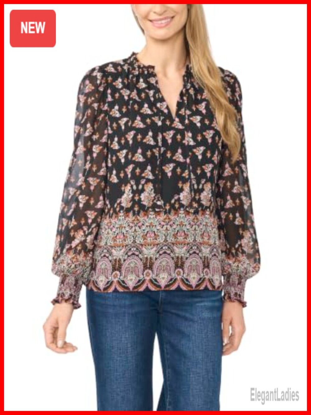CeCe Smocked Cuff Ruffle Blouse Floral Print Long Sleeve Top
